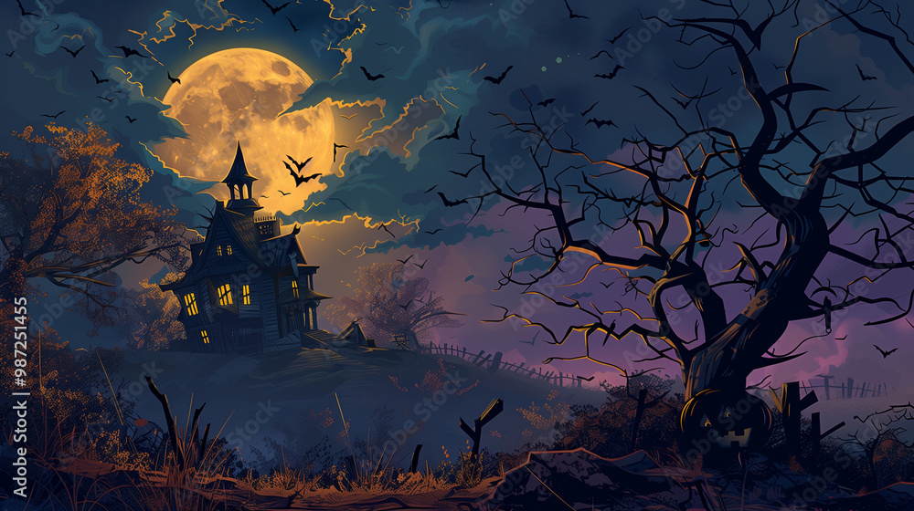 Fototapeta premium A spooky haunted house under a full moon with bats flying around , Halloween cards