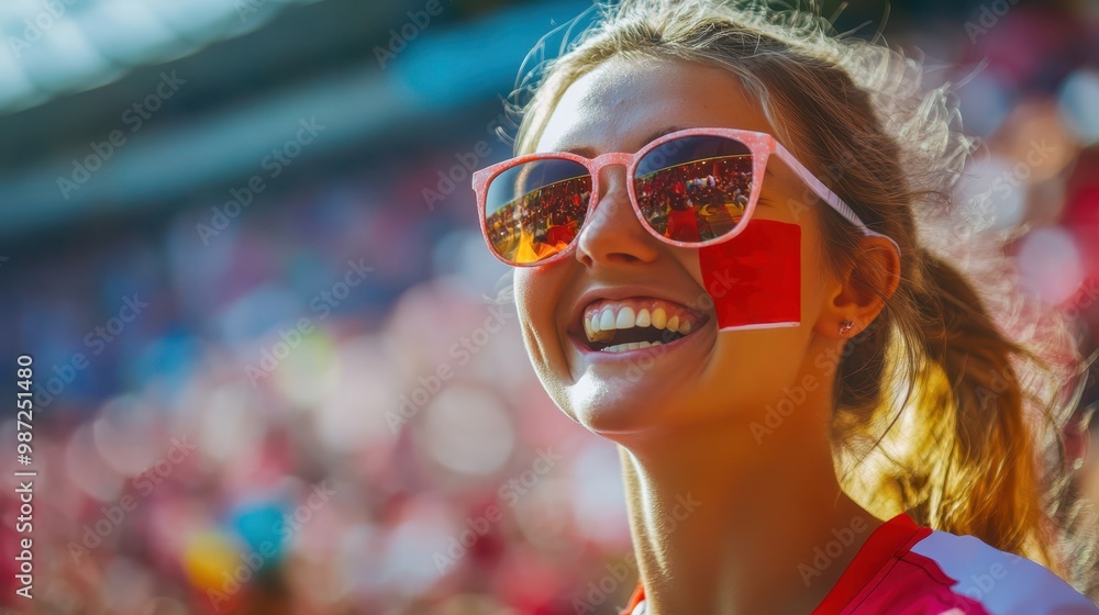 Excited England Football Fan Celebrating Goal with Flag Face Paint in Colorful Crowd Background Excited England Football Fan Celebrating Goal with Flag Face Paint in Colorful Crowd Background
