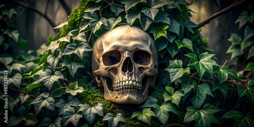 Human skull hidden beneath poison ivy, creating eerie scene, skull, poison ivy, nature, macabre, death, haunting, cycle, life