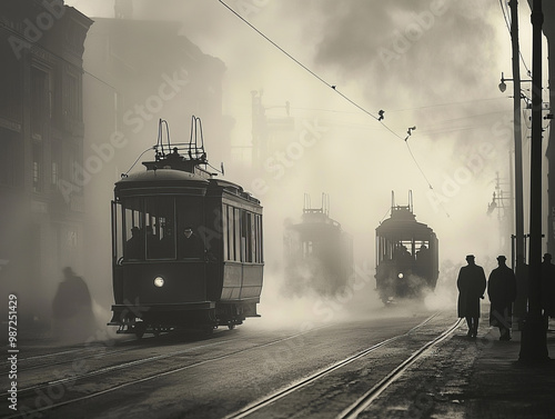 A black and white photo of three trolleys on a street with a man walking in the background