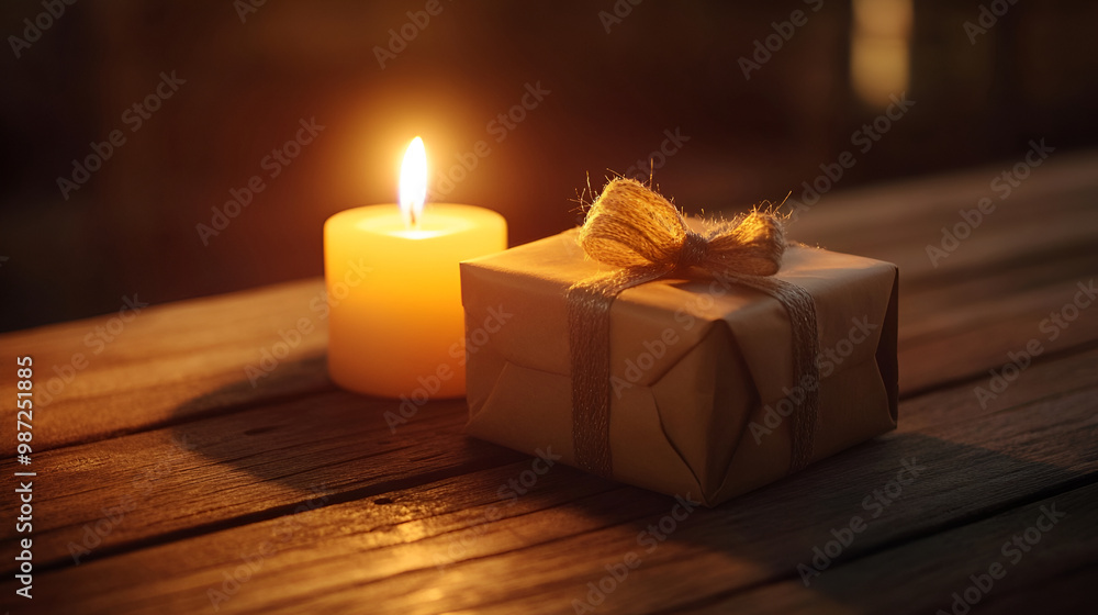 Closeup image of burning candles on golden small box on wooden background , A square candle on gift box in a romantic setting. Burning romantic candles Closeup image of burning candles on golden small box on wooden background , A square candle on gift box in a romantic setting. Burning romantic candles