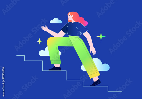 Climbing up the stairs. Business woman walking on a ladder toward a goal. Career growth, motivation, success concept. Person on the staircase steps. Rising to the top. Isolated vector illustration
