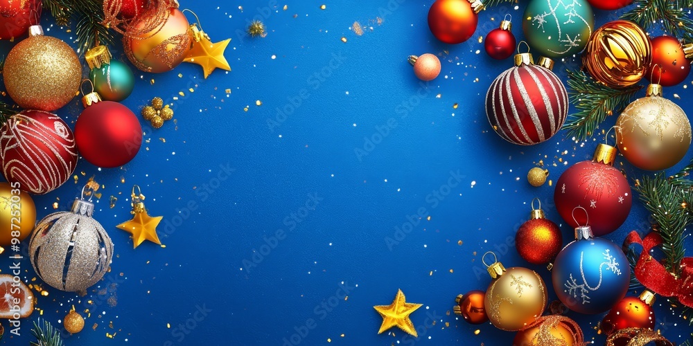 Naklejka premium Brightly colored ornaments, golden stars, and scattered glitter create a cheerful holiday ambiance on a vibrant blue backdrop