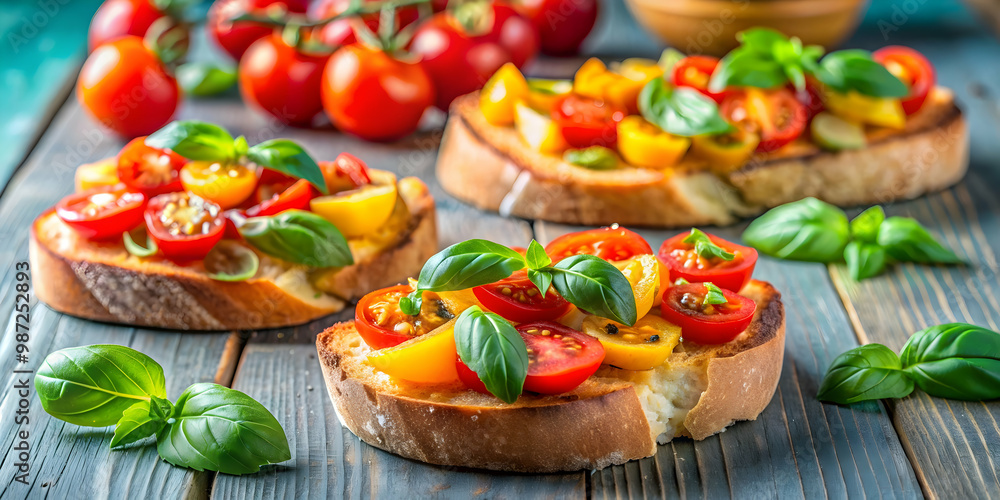 Fresh and colorful bruschetta with ripe tomato slices and fresh basil leaves, bruschetta, tomato, basil, appetizer Fresh and colorful bruschetta with ripe tomato slices and fresh basil leaves, bruschetta, tomato, basil, appetizer