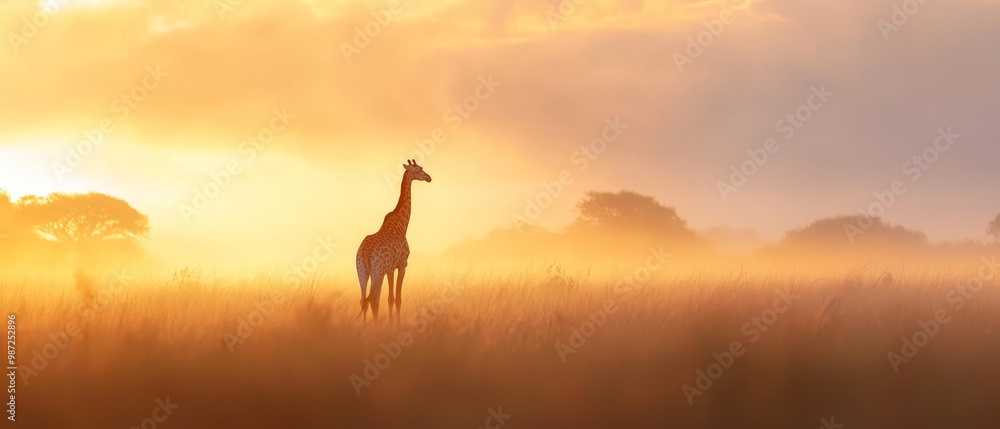 A giraffe silhouetted against a sunset backdrop, standing amidst tall grass A giraffe silhouetted against a sunset backdrop, standing amidst tall grass