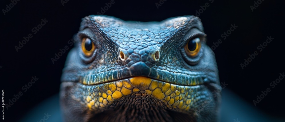 A tight shot of a lizard's face bearing blue-yellow hues A tight shot of a lizard's face bearing blue-yellow hues
