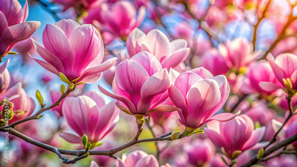 Vibrant pink magnolia flowers in full bloom, spring, nature, petals, blossoms, floral, garden, blooming, beauty, elegant Vibrant pink magnolia flowers in full bloom, spring, nature, petals, blossoms, floral, garden, blooming, beauty, elegant