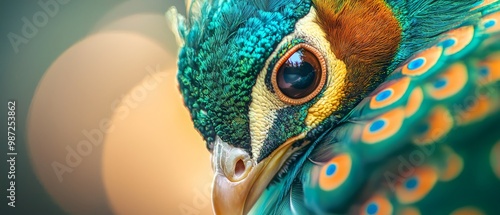  A tight shot of a peacock's vibrant feathers, slightly outfocused background photo