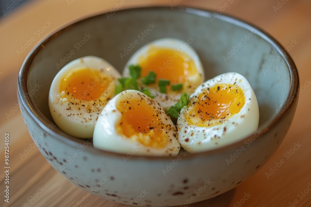 Boiled chicken egg for breakfast without eggshell in the bowl , ai Boiled chicken egg for breakfast without eggshell in the bowl , ai