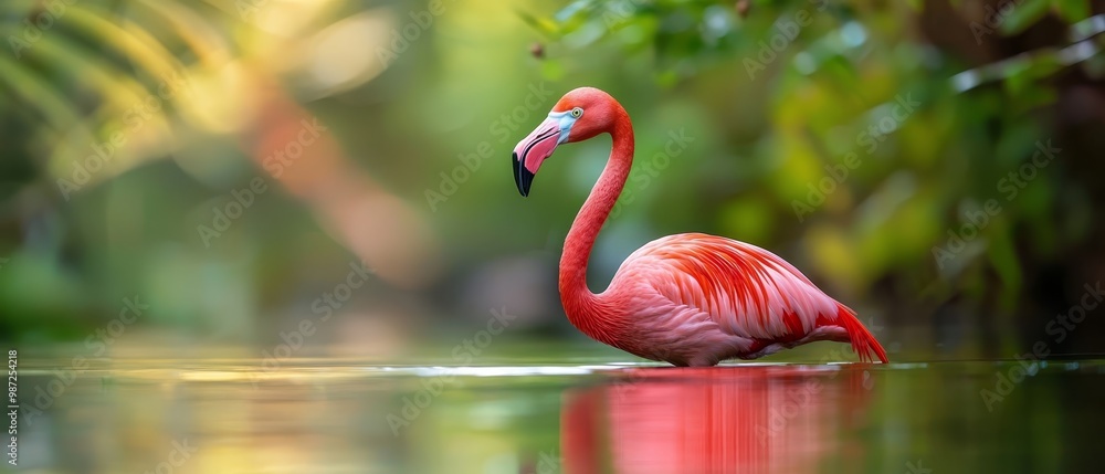 Fototapeta premium A pink flamingo wades in a body of water, with its head submerged and mirror-like reflection on the surface