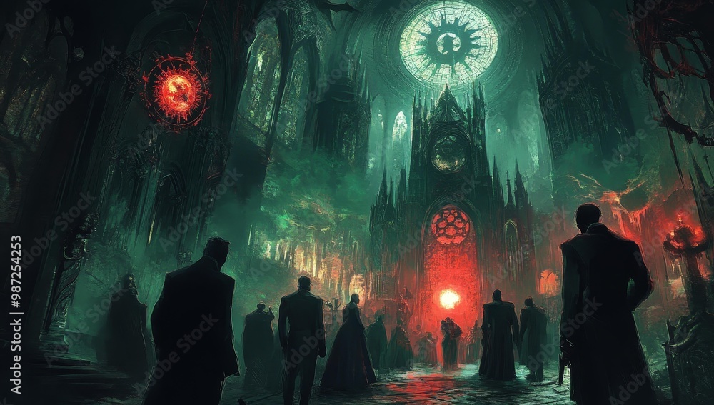 Fototapeta premium Silhouettes gather in a gothic cathedral.