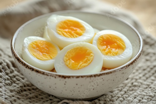 Boiled chicken egg for breakfast without eggshell in the bowl , ai