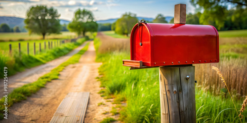 A classic red mailbox mounted on a wooden post in a rural setting , mailbox, letter, post, delivery, communication, postal