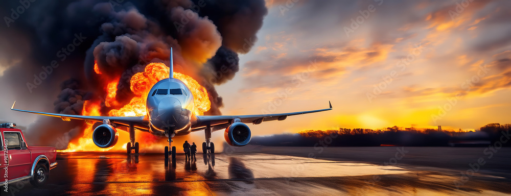 Airplane on the runway with fire and explosion in the background during a rescue operation.