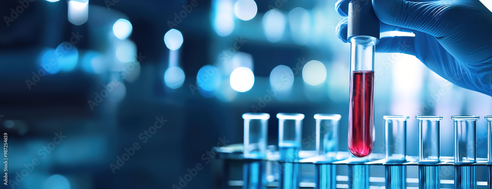 A lab experiment with a test tube filled with red liquid, a scientist's gloved hand conducting the research in a clinical environment.