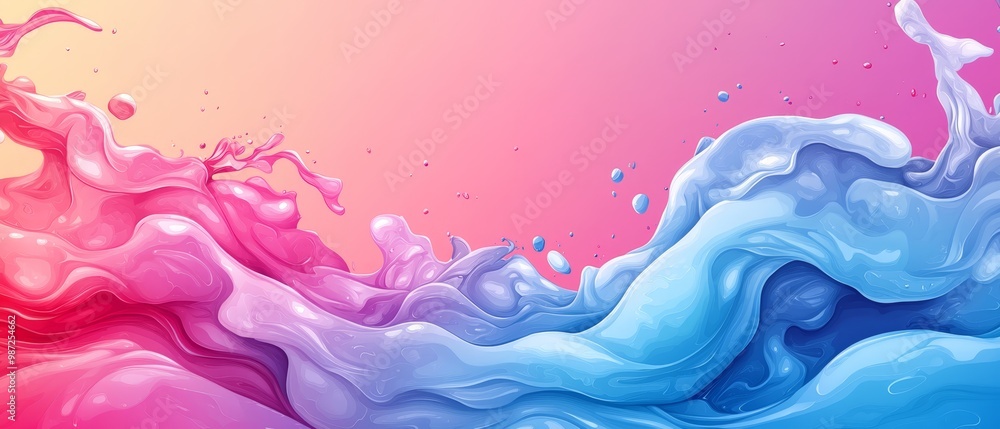 A blue-tinted wave intermingles with pink and red hues against a backdrop of pink and blue; bubbles rise from the water's surface A blue-tinted wave intermingles with pink and red hues against a backdrop of pink and blue; bubbles rise from the water's surface