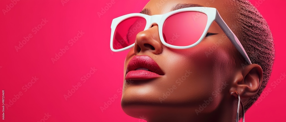 A close-up of a woman wearing sunglasses with her hair in a single ponytail A close-up of a woman wearing sunglasses with her hair in a single ponytail