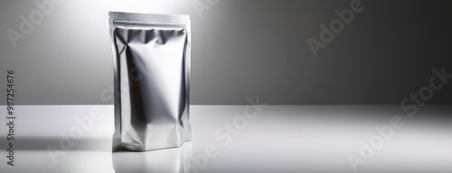 Obraz na płótnie Silver package standing on a reflective surface with a minimalist gray background. w salonie