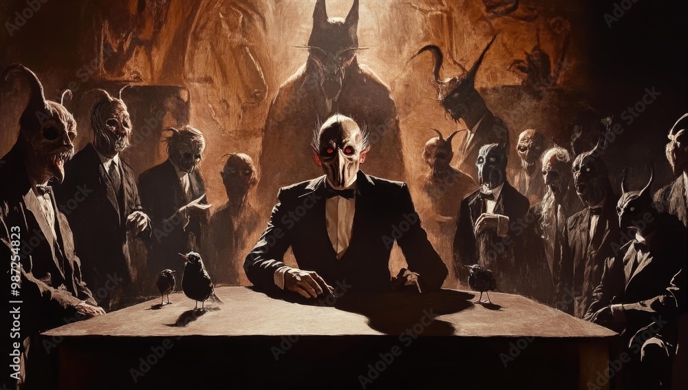 A gathering of monstrous men in suits. A gathering of monstrous men in suits.