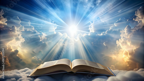 A beautiful of an open Bible surrounded by light beams and celestial clouds , Holy Bible, sacred, spiritual, wisdom