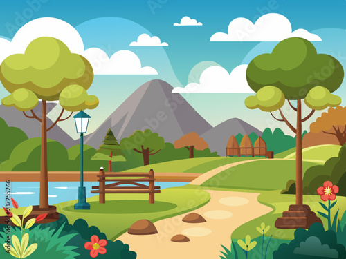 Mountain and lake landscape. Cartoon rocky mountains, forest and river scene. Wild nature summer panorama. Hiking adventure vector concept stock illustration