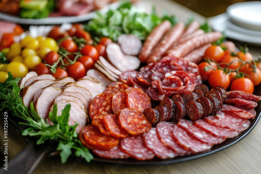 Food tray with delicious salami, pieces of sliced ham, sausage, tomatoes, salad and vegetable - Meat platter with selection - Cutting sausage and cured meat on a celebratory table, ai Food tray with delicious salami, pieces of sliced ham, sausage, tomatoes, salad and vegetable - Meat platter with selection - Cutting sausage and cured meat on a celebratory table, ai