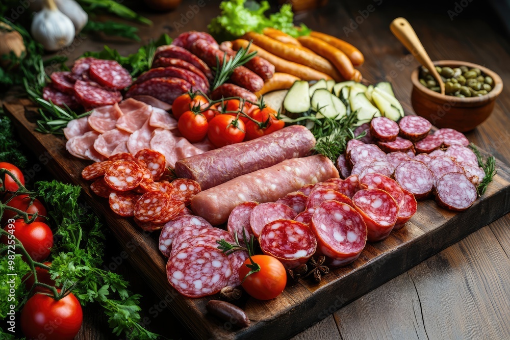 Food tray with delicious salami, pieces of sliced ham, sausage, tomatoes, salad and vegetable - Meat platter with selection - Cutting sausage and cured meat on a celebratory table, ai Food tray with delicious salami, pieces of sliced ham, sausage, tomatoes, salad and vegetable - Meat platter with selection - Cutting sausage and cured meat on a celebratory table, ai