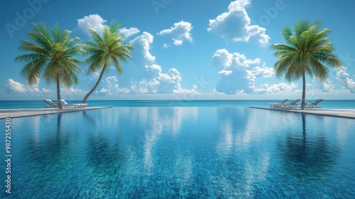 Beautiful blue sky with clouds, luxury beach resort pool with palm trees, loungers, water reflection, sea view background, summer travel vacation concept banner 