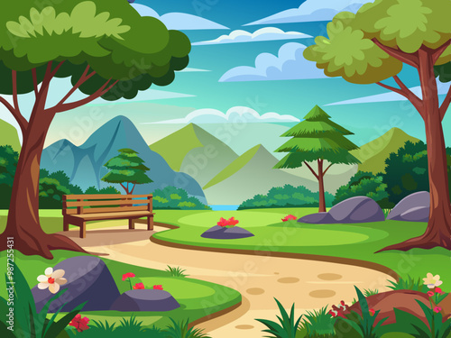 Mountain and lake landscape. Cartoon rocky mountains, forest and river scene. Wild nature summer panorama. Hiking adventure vector concept stock illustration