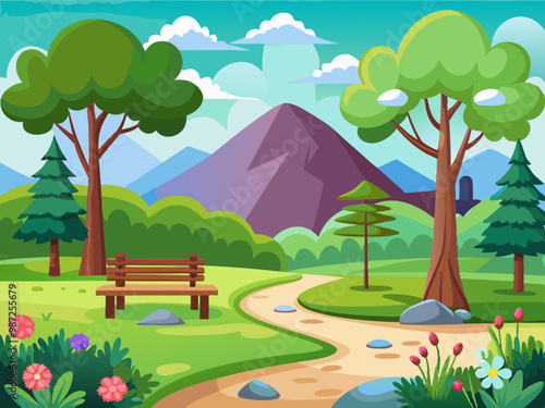 Mountain and lake landscape. Cartoon rocky mountains, forest and river scene. Wild nature summer panorama. Hiking adventure vector concept stock illustration