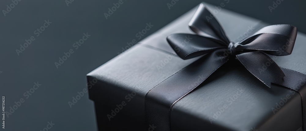 A tight shot of a black present box, adorned with a generous bow atop its wrapper A tight shot of a black present box, adorned with a generous bow atop its wrapper
