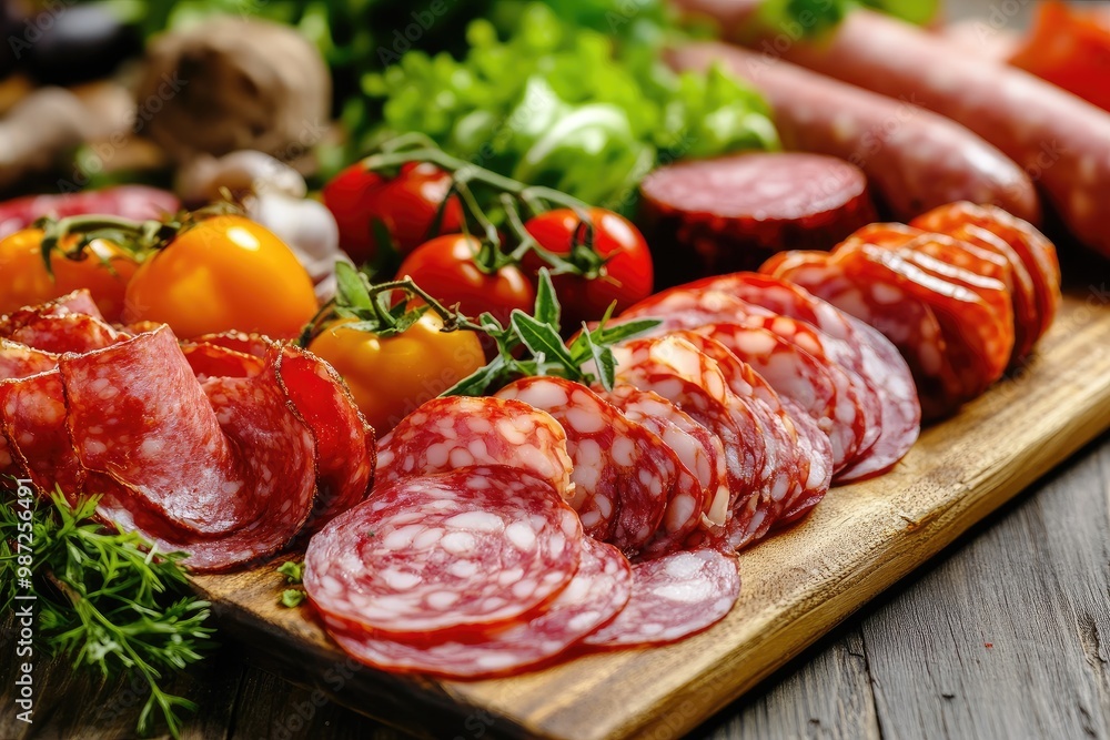 Food tray with delicious salami, pieces of sliced ham, sausage, tomatoes, salad and vegetable - Meat platter with selection - Cutting sausage and cured meat on a celebratory table, ai Food tray with delicious salami, pieces of sliced ham, sausage, tomatoes, salad and vegetable - Meat platter with selection - Cutting sausage and cured meat on a celebratory table, ai