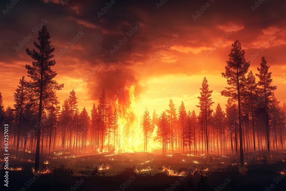 A dramatic scene of a forest fire engulfing trees in fiery flames against a backdrop of an orange and smoky sky. A dramatic scene of a forest fire engulfing trees in fiery flames against a backdrop of an orange and smoky sky.