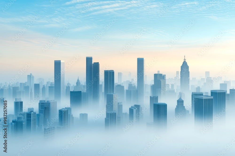 A misty skyline at dawn, with towering buildings disappearing into clouds, creating a serene and ethereal urban atmosphere. A misty skyline at dawn, with towering buildings disappearing into clouds, creating a serene and ethereal urban atmosphere.