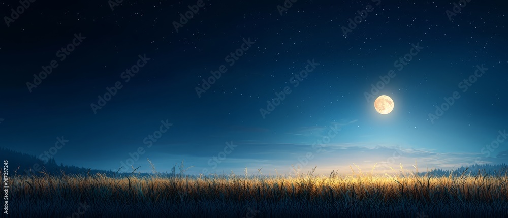  A full moon dominates the night sky, casting long shadows over a field of towering grasses Tall blades stretch toward the heavens in the foreground