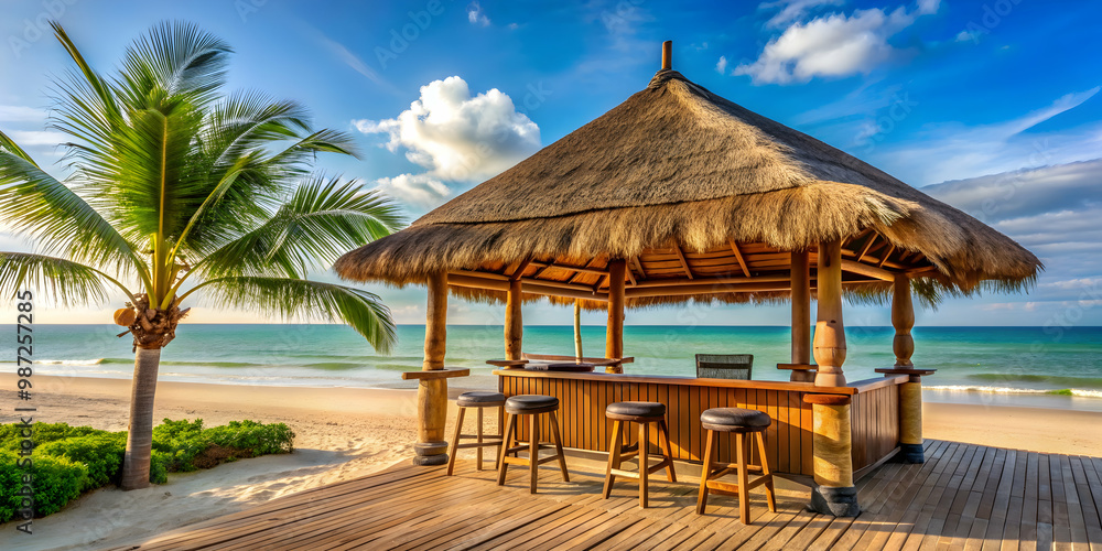 Fototapeta premium Tropical beach bar with thatched roof and ocean view for vacation and relaxation, tropical, beach, bar