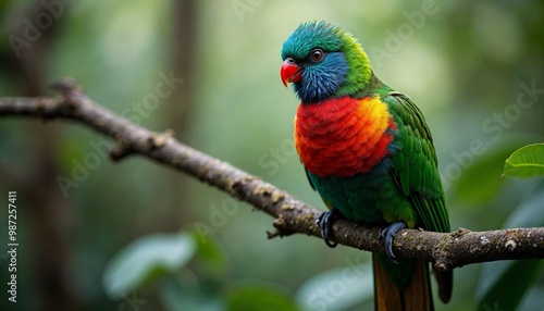 Rainbow Lorikeet Perched on Branch in Tropical Rainforest