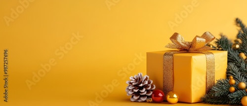  A yellow gift box, adorned with a golden bow, and a solitary pinecone against a sunlit, yellow backdrop, nearby a Christmas tree photo