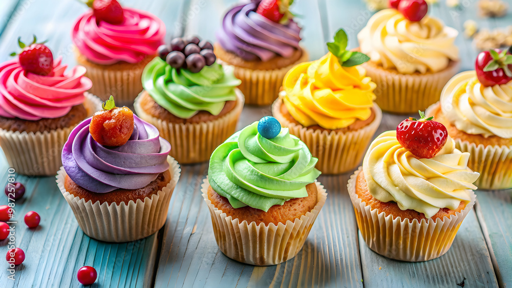 Assortment of delicious flavored cup cakes , sweet, bakery, dessert, pastries, colorful, variety, assortment Assortment of delicious flavored cup cakes , sweet, bakery, dessert, pastries, colorful, variety, assortment