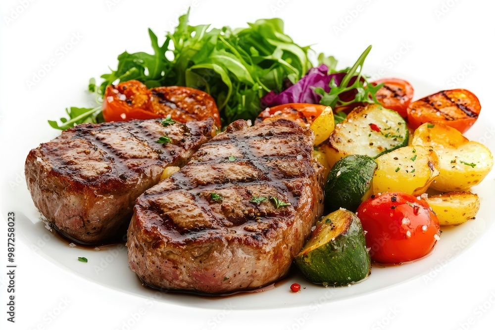 Grilled steaks, boiled potatoes and vegetable salad on white background , ai Grilled steaks, boiled potatoes and vegetable salad on white background , ai