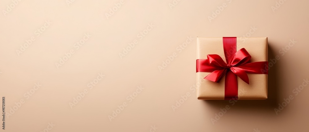 A beige background hosts a gift box, wrapped in red, with a shadow casting beneath its present form A beige background hosts a gift box, wrapped in red, with a shadow casting beneath its present form