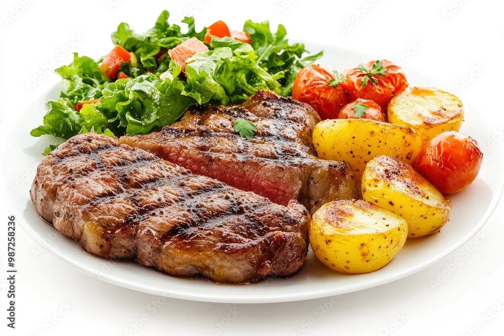 Grilled steaks, boiled potatoes and vegetable salad on white background , ai Grilled steaks, boiled potatoes and vegetable salad on white background , ai