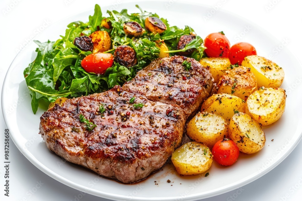 Grilled steaks, boiled potatoes and vegetable salad on white background , ai Grilled steaks, boiled potatoes and vegetable salad on white background , ai