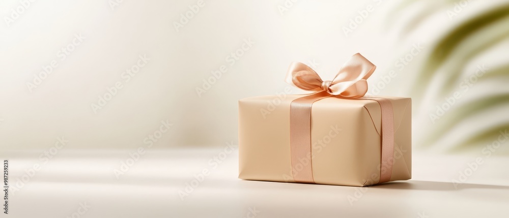 A white table holds a gift box adorned with a pink ribbon and a bow Behind it, a potted plant adds to the scene A white table holds a gift box adorned with a pink ribbon and a bow Behind it, a potted plant adds to the scene