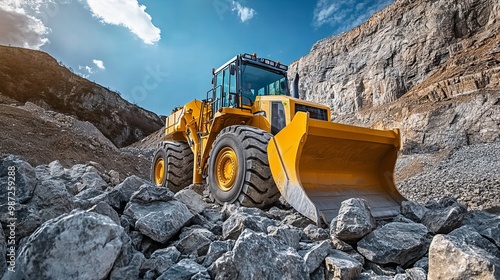 A powerful yellow bulldozer in action, navigating through a rocky quarry, with clear blue skies and rugged terrain in the background. The large machine is working on a heavy-duty construction