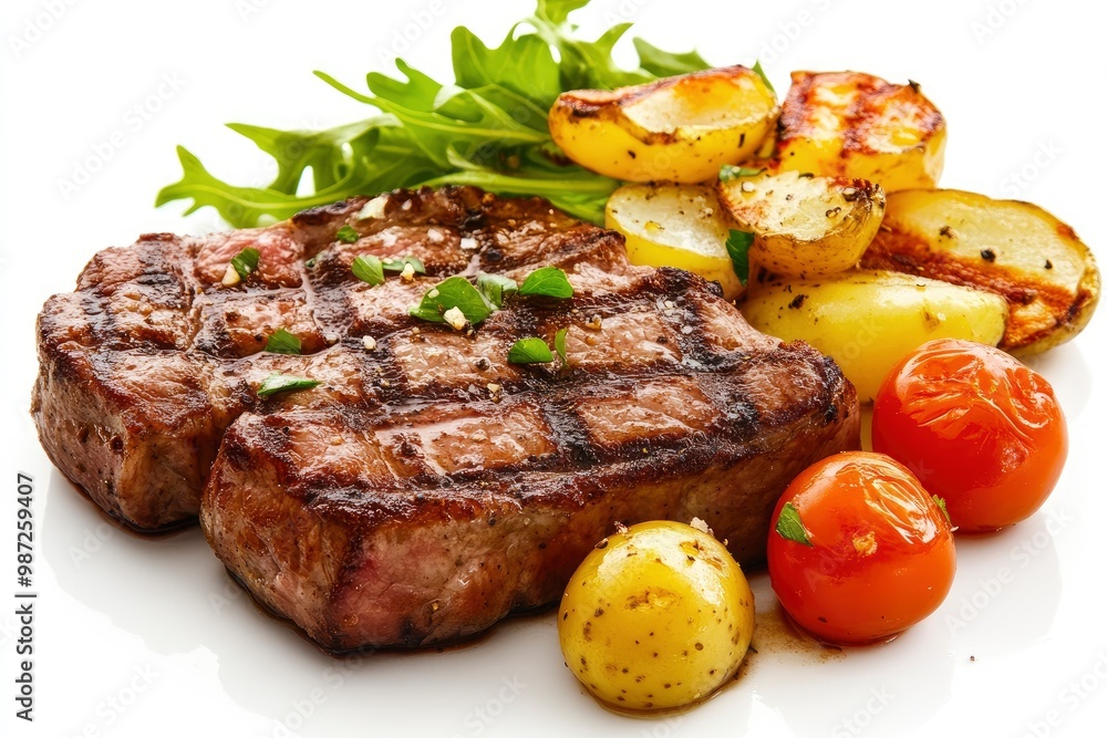 Grilled steaks, boiled potatoes and vegetable salad on white background , ai Grilled steaks, boiled potatoes and vegetable salad on white background , ai