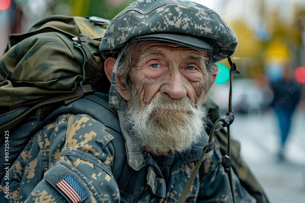 Obraz premium War Veteran on the Street depicting the difficult life of homeless US veterans struggling with poverty and unemployment after war