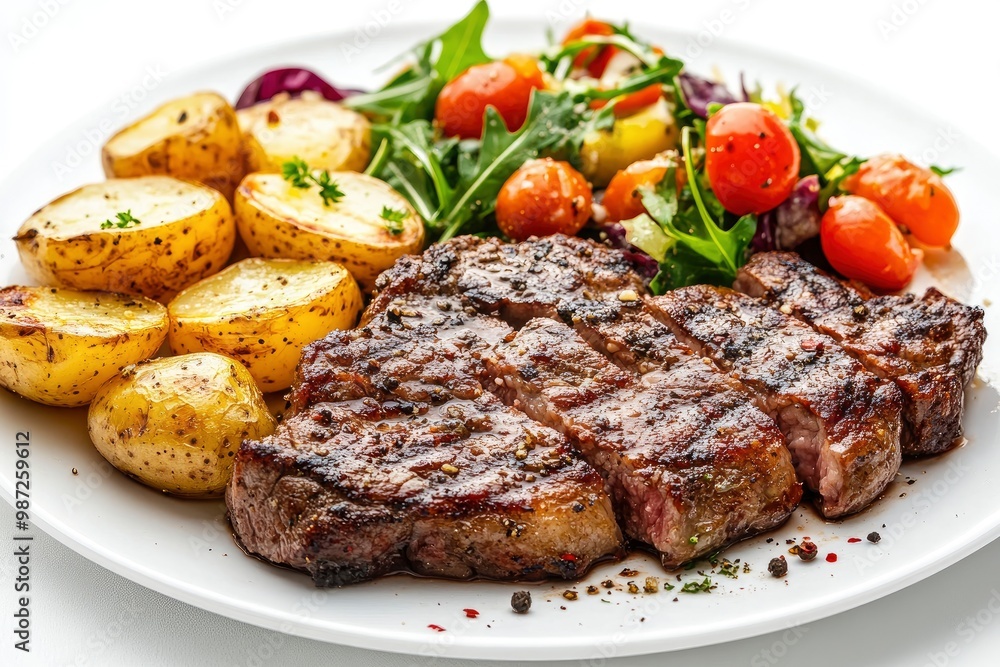 Grilled steaks, boiled potatoes and vegetable salad on white background , ai Grilled steaks, boiled potatoes and vegetable salad on white background , ai