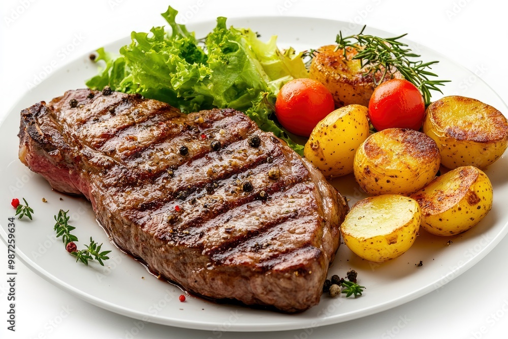 Grilled steaks, boiled potatoes and vegetable salad on white background , ai Grilled steaks, boiled potatoes and vegetable salad on white background , ai
