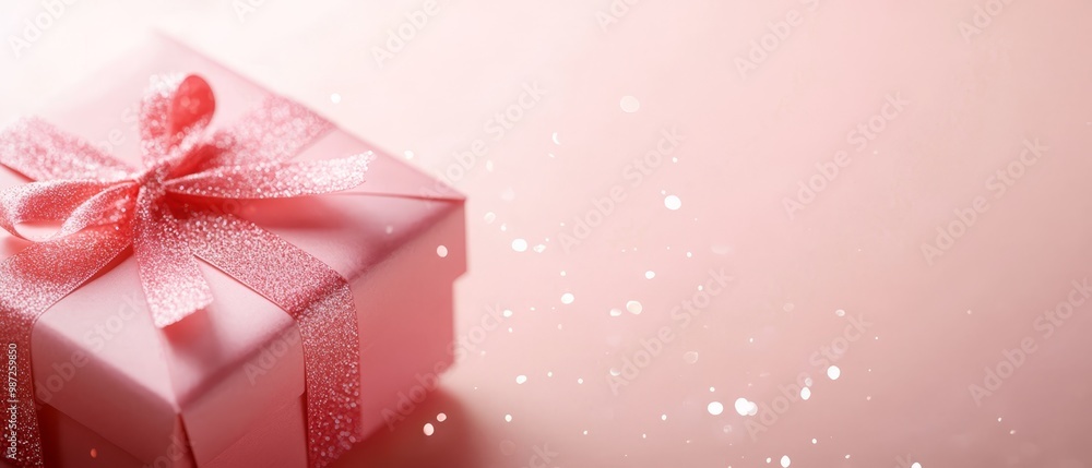 Fototapeta premium A tight shot of a pink gift box, adorned with a bow, against a soft pink backdrop, subtly blurring snowflakes
